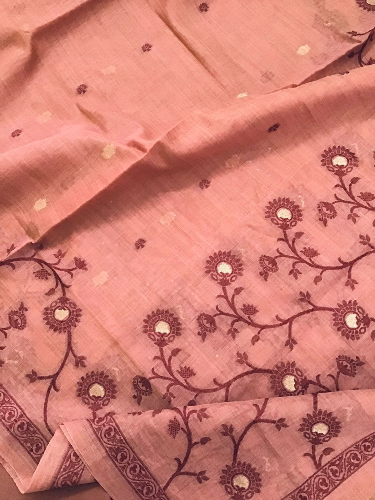 Soft Slub Chanderi Jamdani Weaved Embroidered Suit - Peach