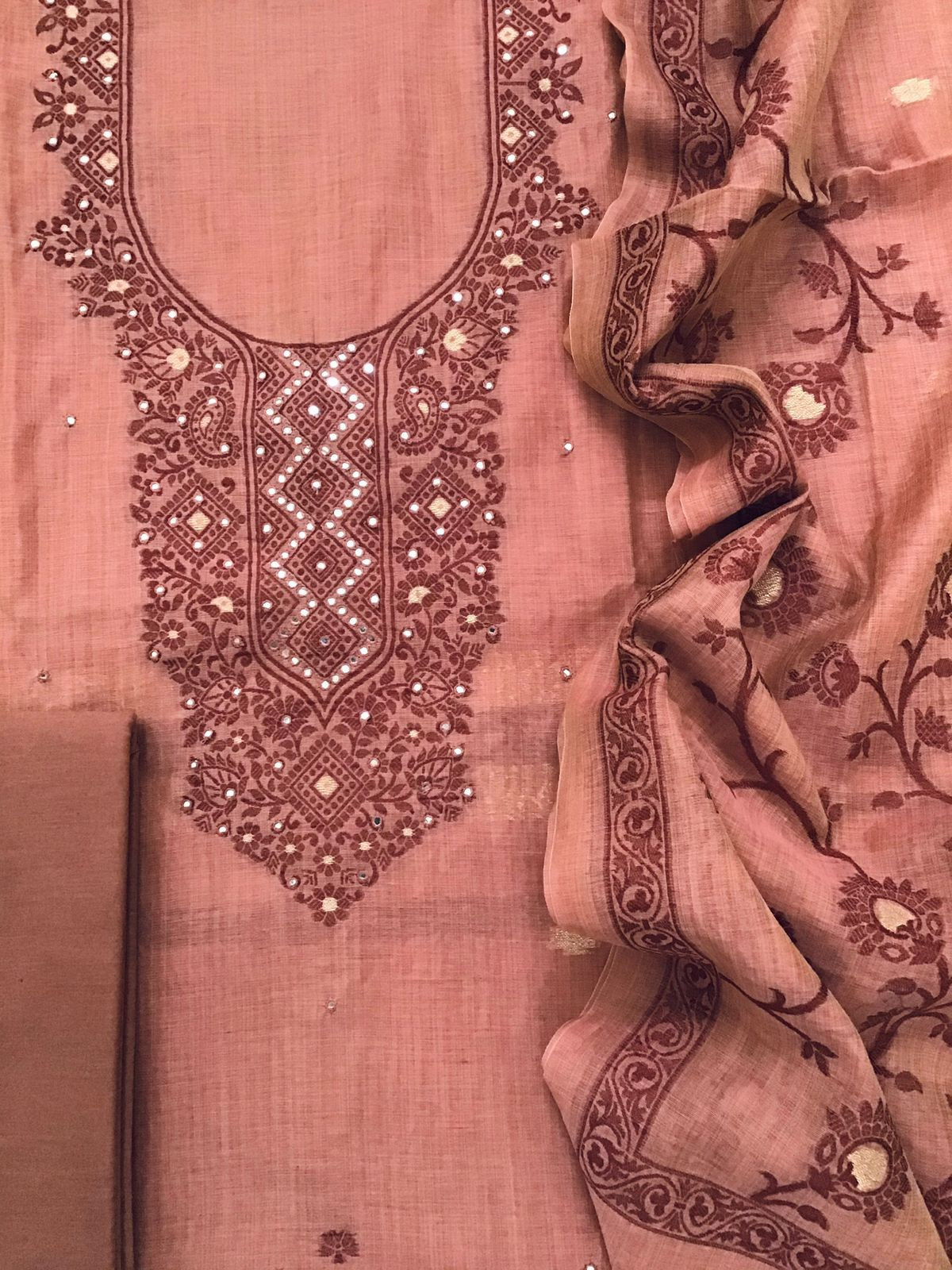 Soft Slub Chanderi Jamdani Weaved Embroidered Suit - Peach