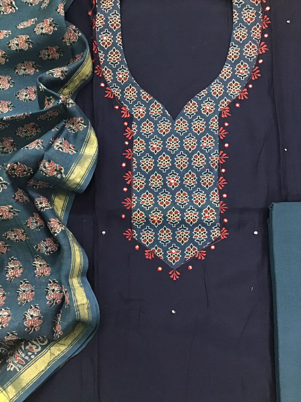 Pure Muslin Printed Embroidered Suit - Blue