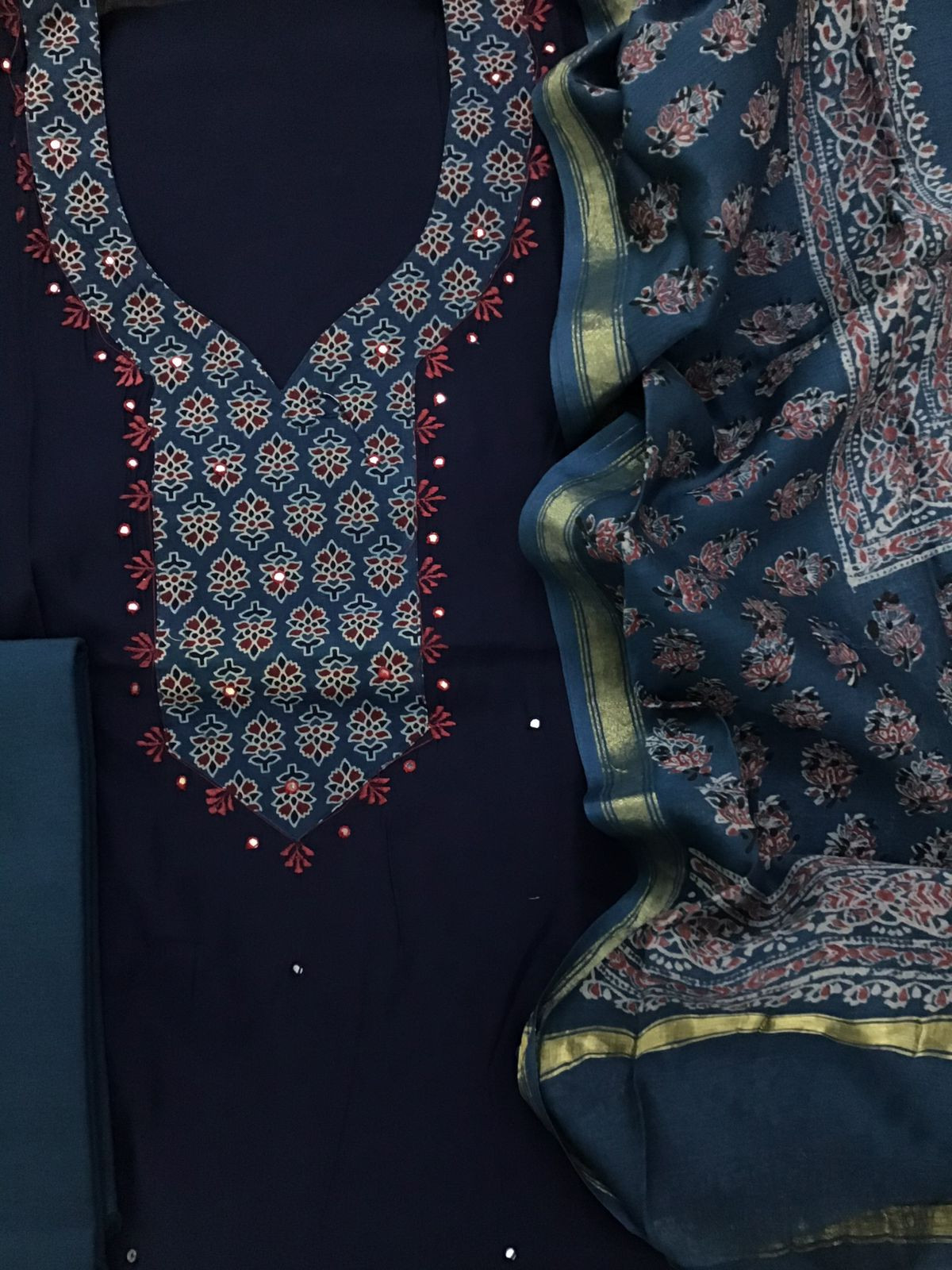 Pure Muslin Printed Embroidered Suit - Blue