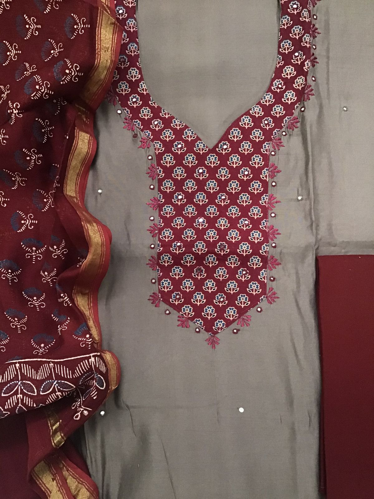 Pure Muslin Printed Embroidered Suit - Beige