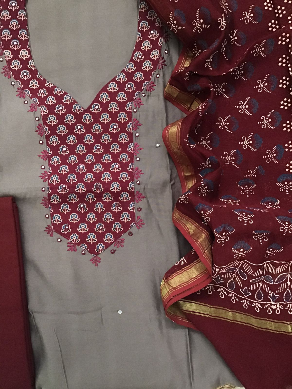 Pure Muslin Printed Embroidered Suit - Beige