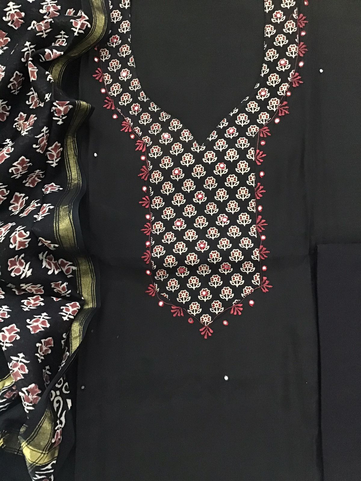 Pure Muslin Printed Embroidered Suit - Black
