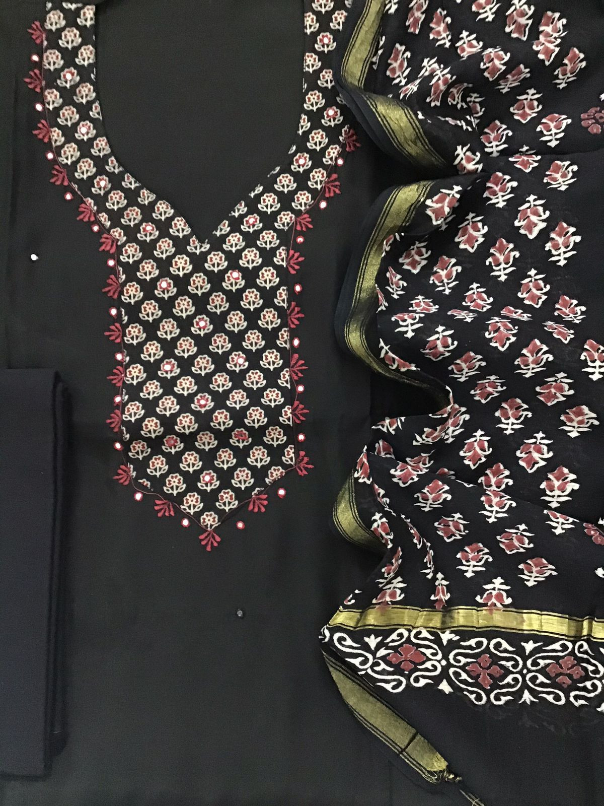 Pure Muslin Printed Embroidered Suit - Black