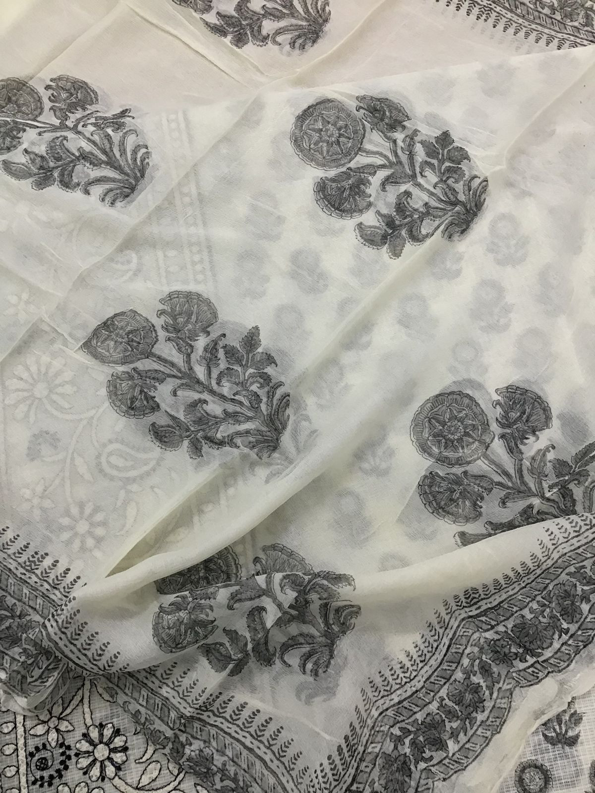 Pure Kota Cotton Printed Embroidered Suit - Off White