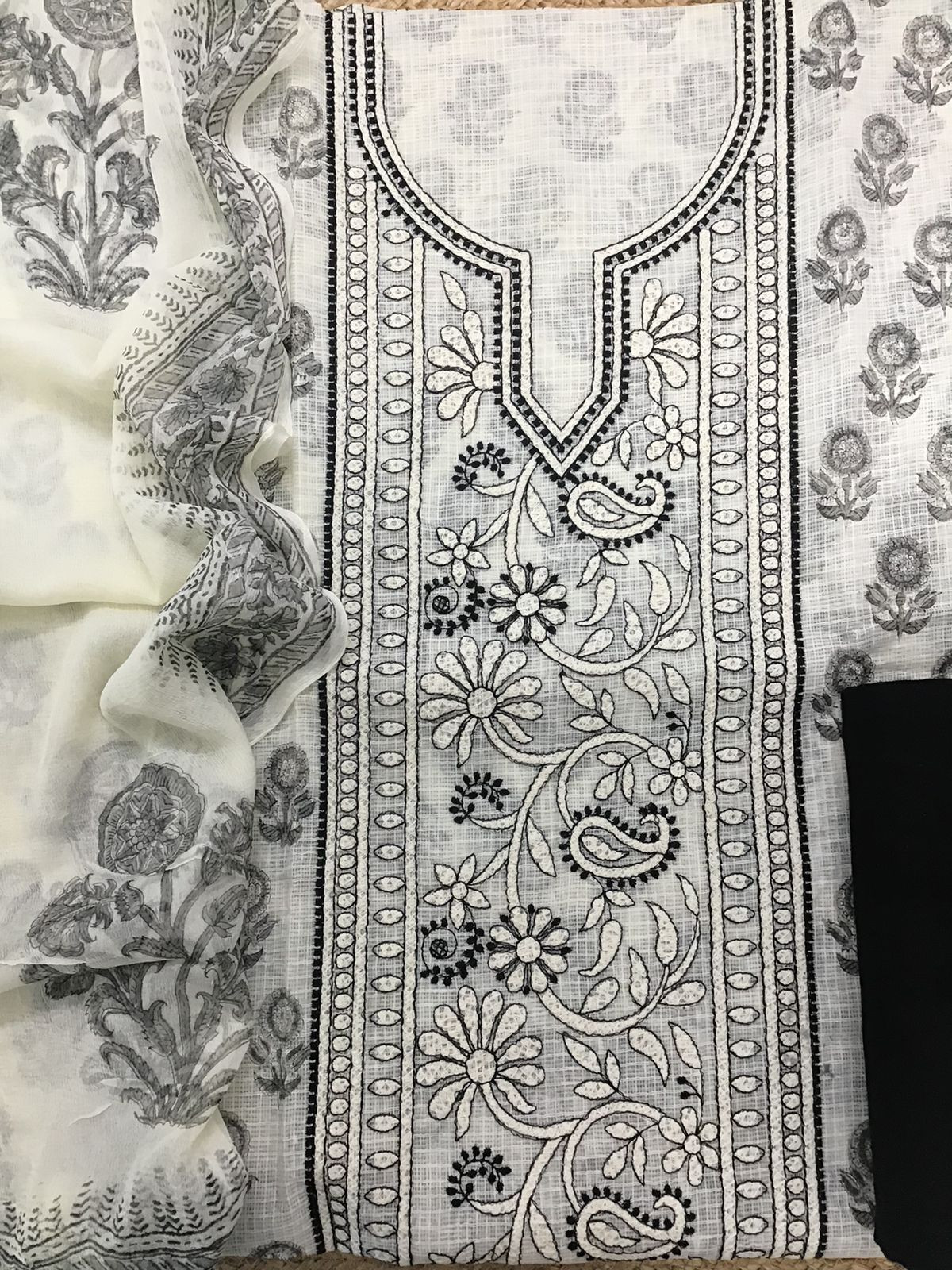 Pure Kota Cotton Printed Embroidered Suit - Off White