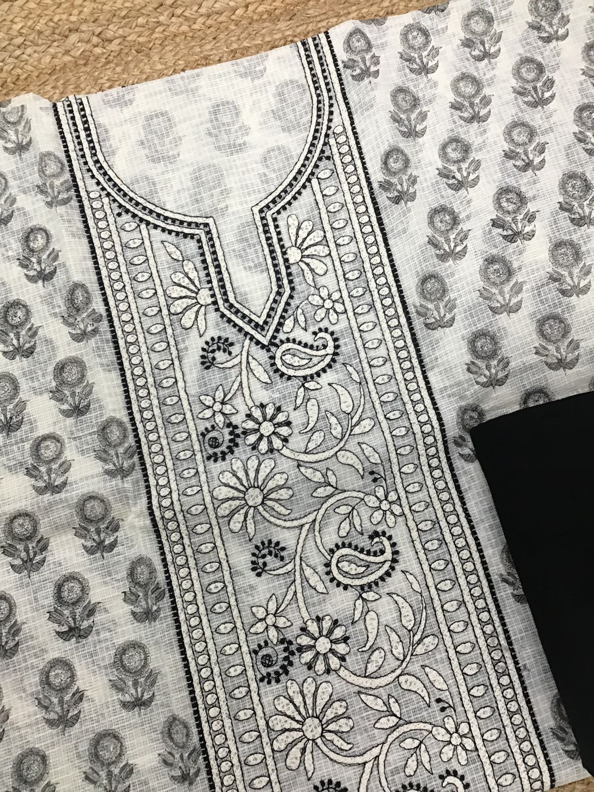 Pure Kota Cotton Printed Embroidered Suit - Off White