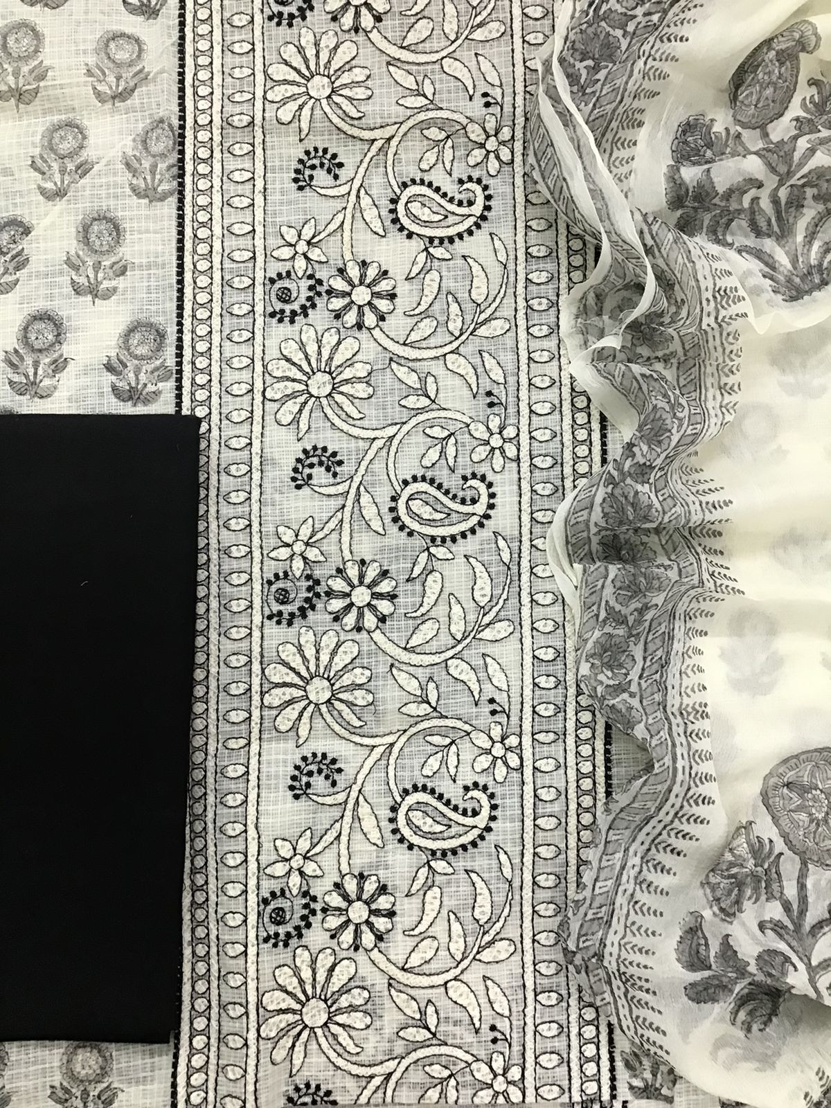 Pure Kota Cotton Printed Embroidered Suit - Off White