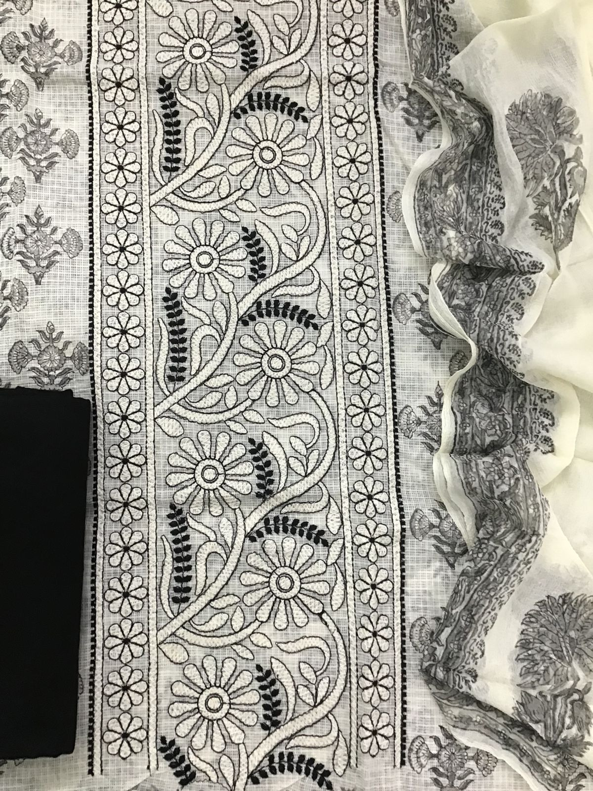 Pure Kota Cotton Printed Embroidered Suit - Off White