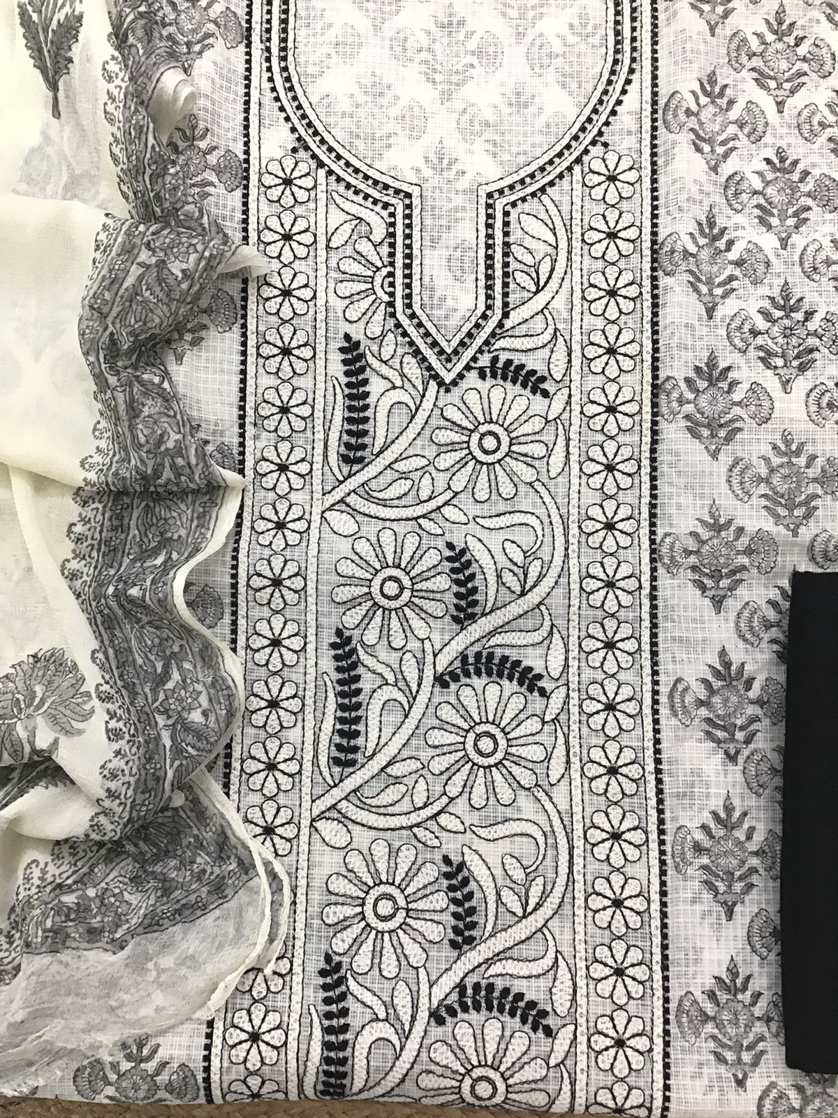 Pure Kota Cotton Printed Embroidered Suit - Off White