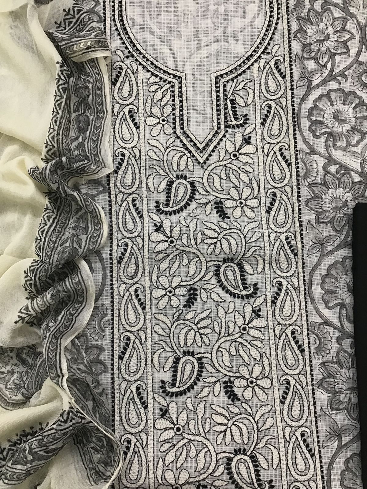 Pure Kota Cotton Printed Embroidered Suit - Off White