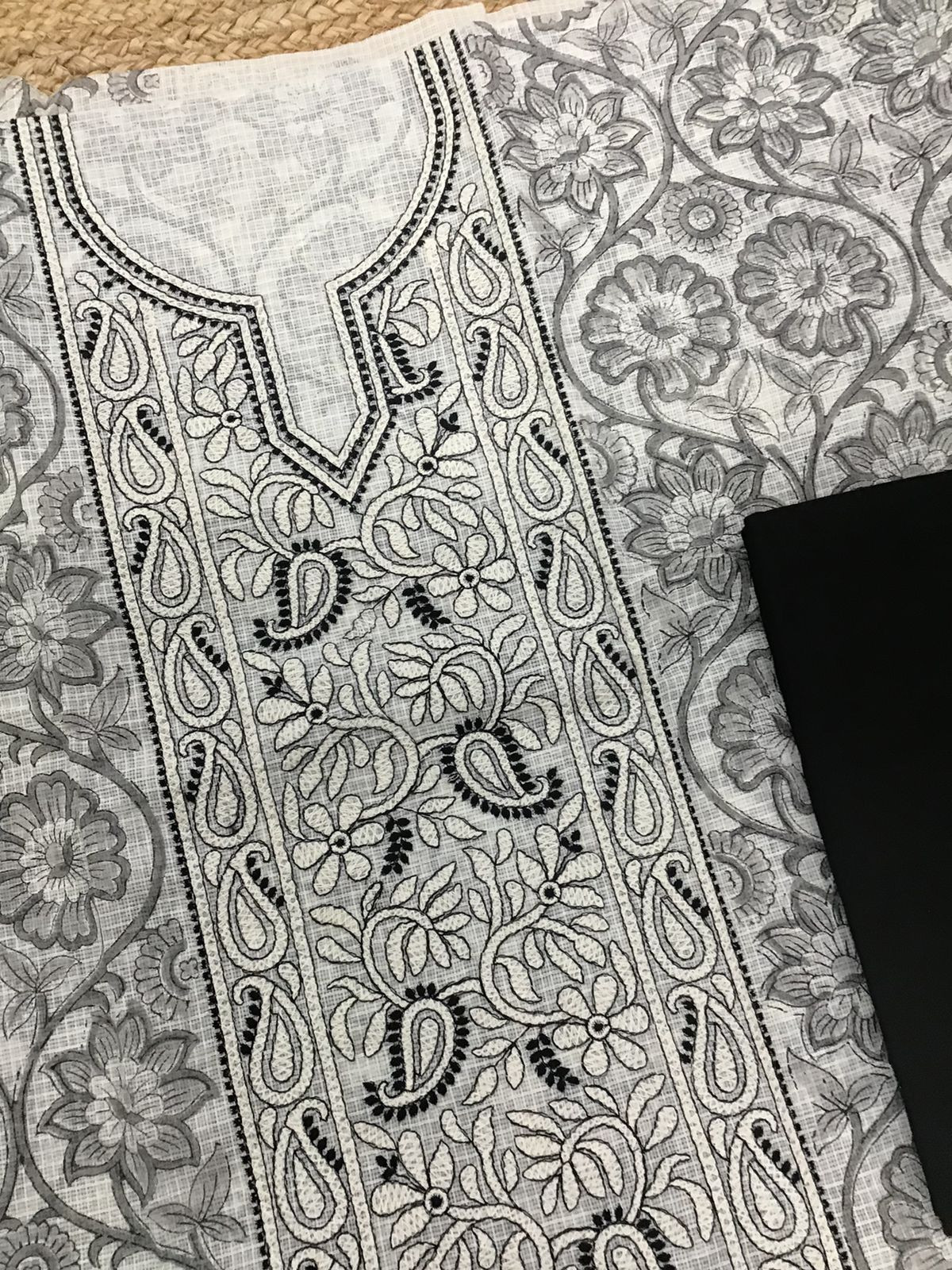 Pure Kota Cotton Printed Embroidered Suit - Off White