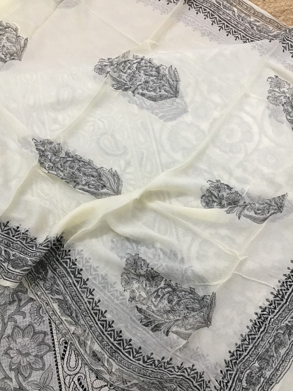 Pure Kota Cotton Printed Embroidered Suit - Off White