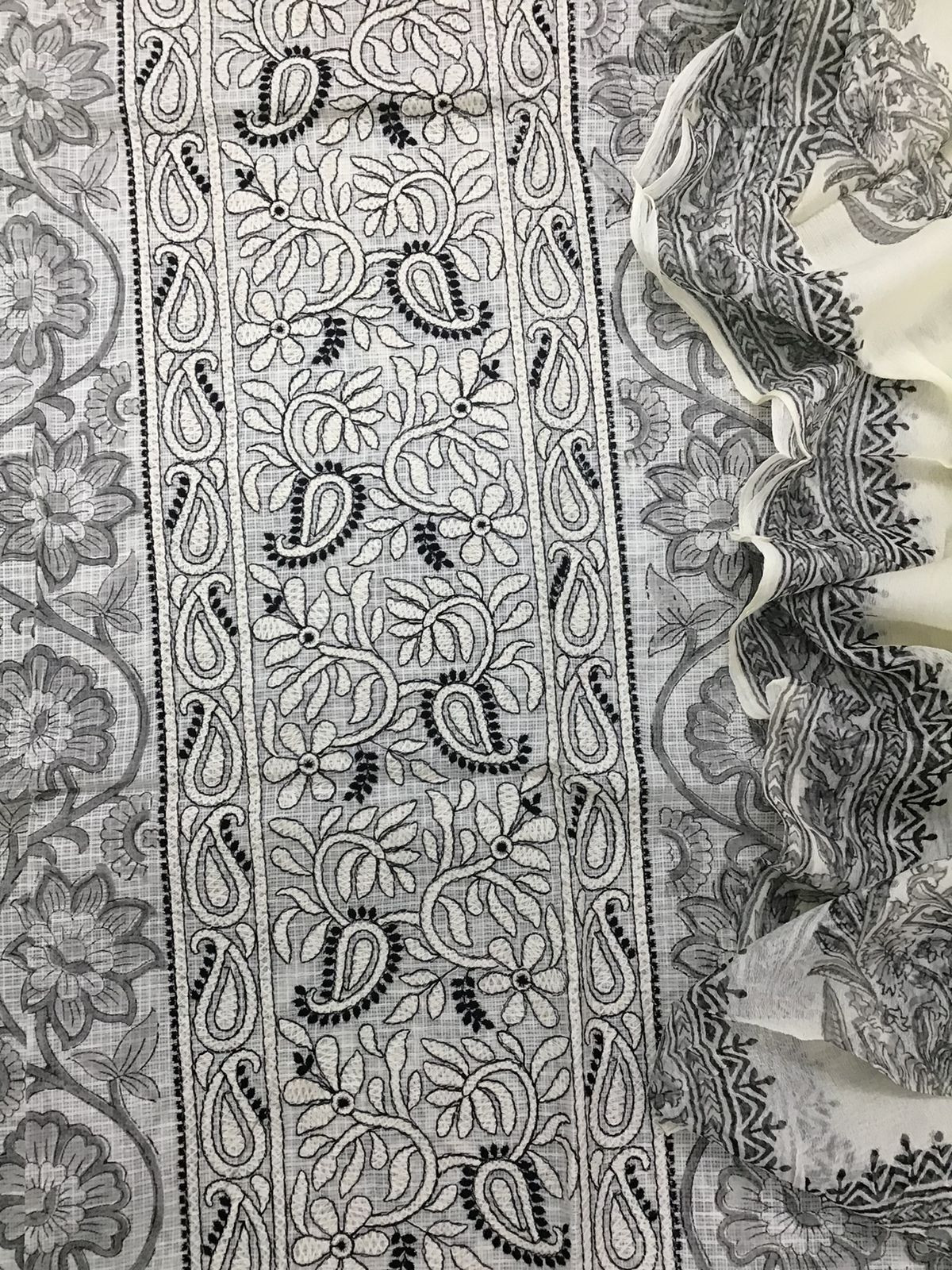 Pure Kota Cotton Printed Embroidered Suit - Off White