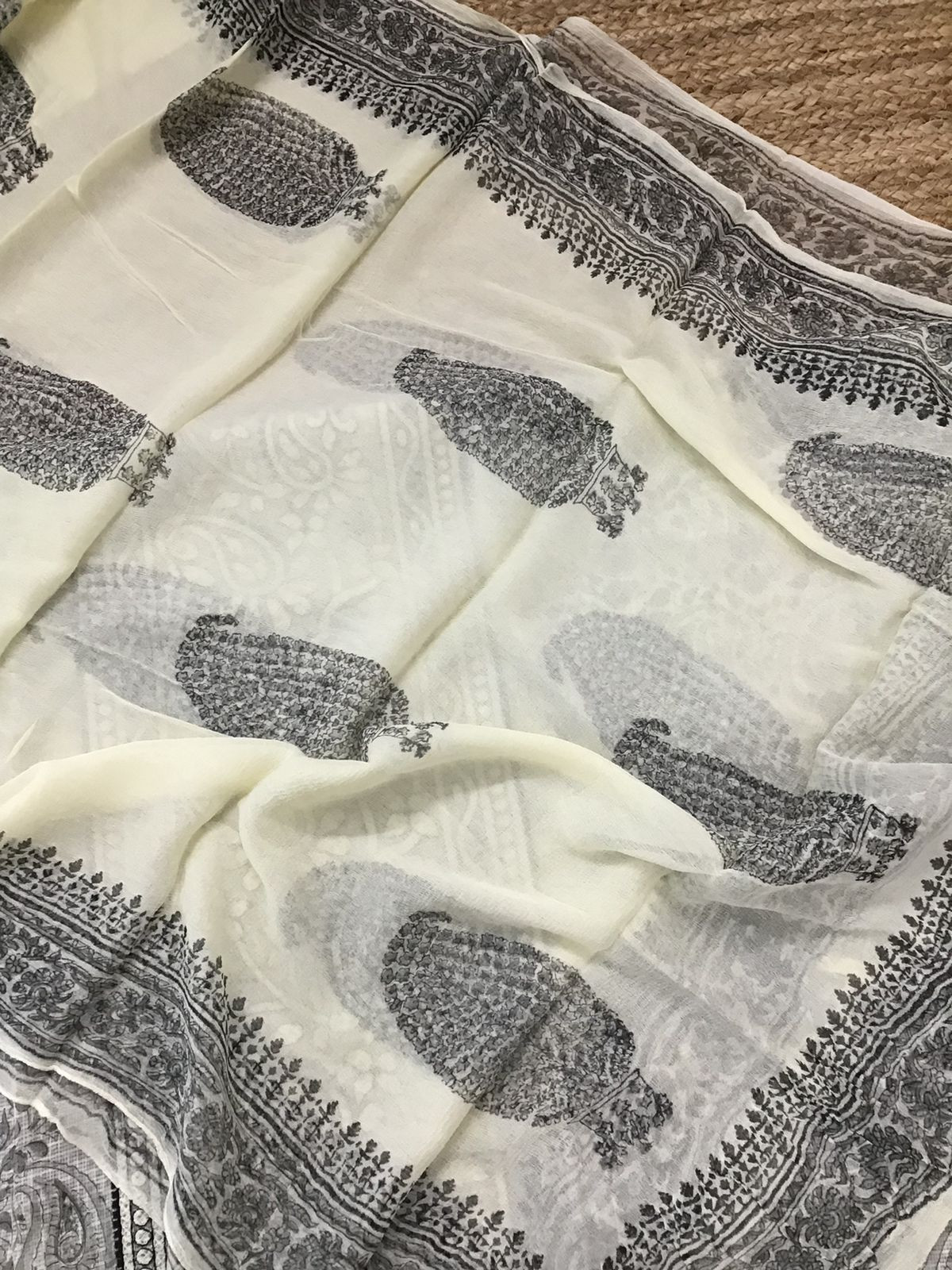 Pure Kota Cotton Printed Embroidered Suit - Off White