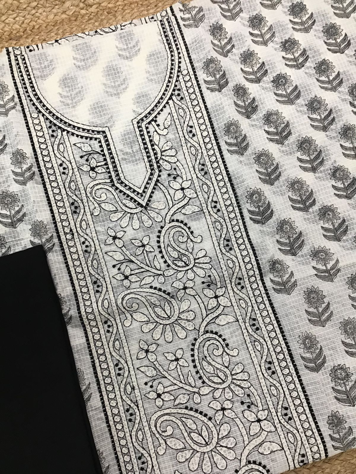 Pure Kota Cotton Printed Embroidered Suit - Off White