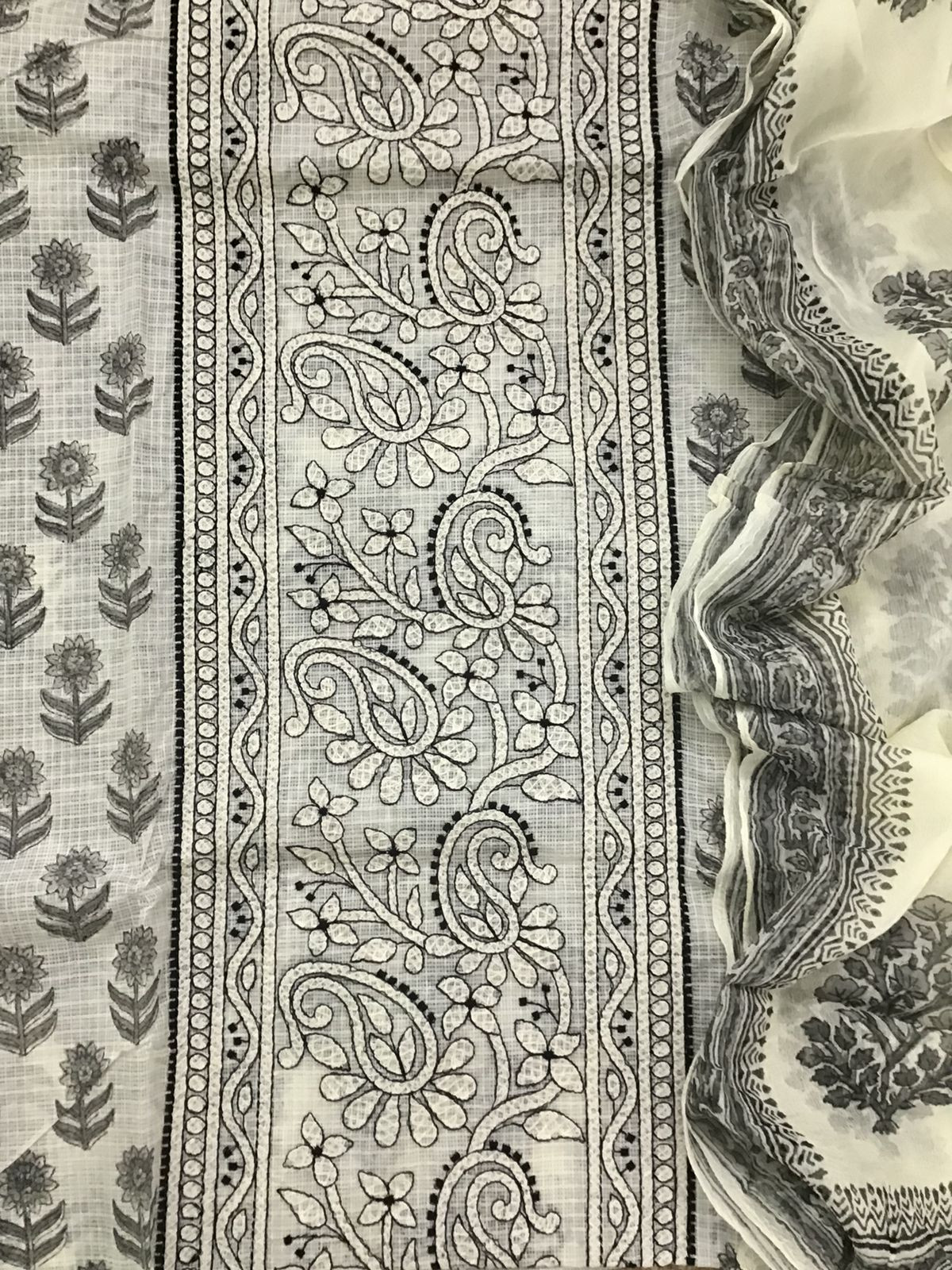 Pure Kota Cotton Printed Embroidered Suit - Off White