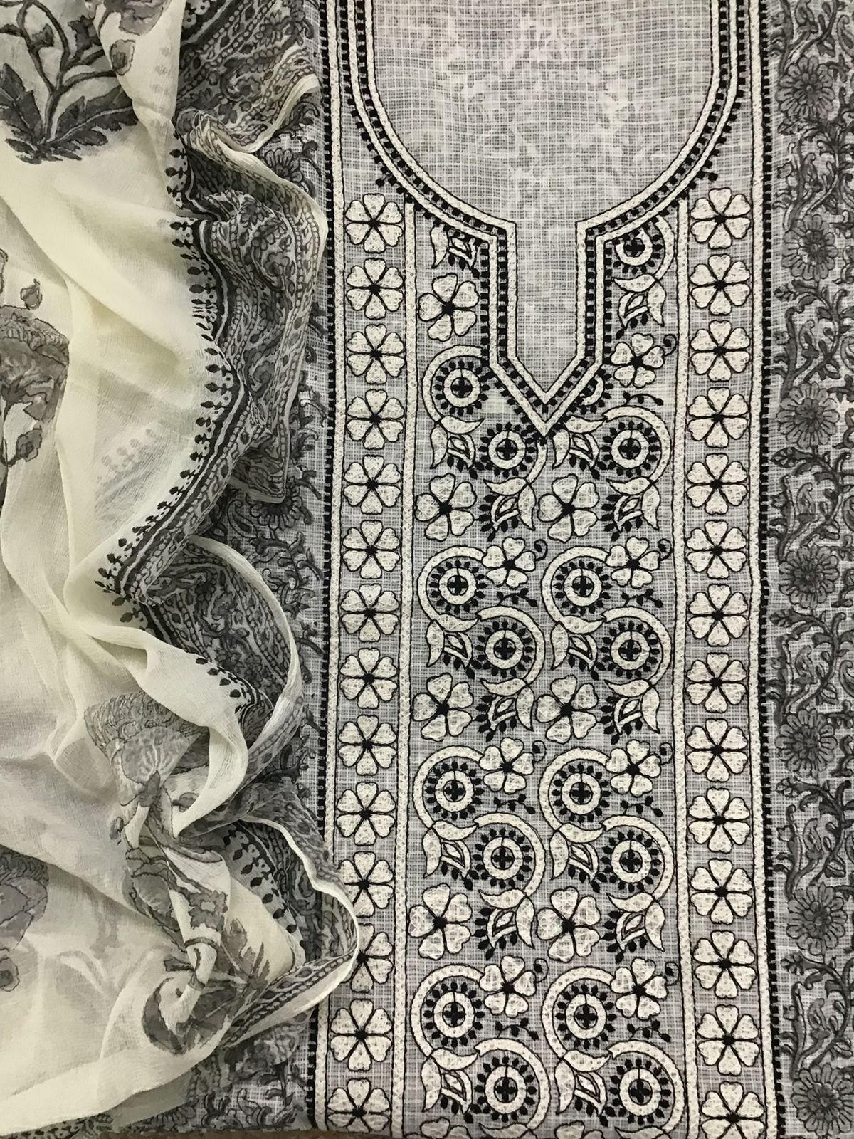 Pure Kota Cotton Printed Embroidered Suit - Off White