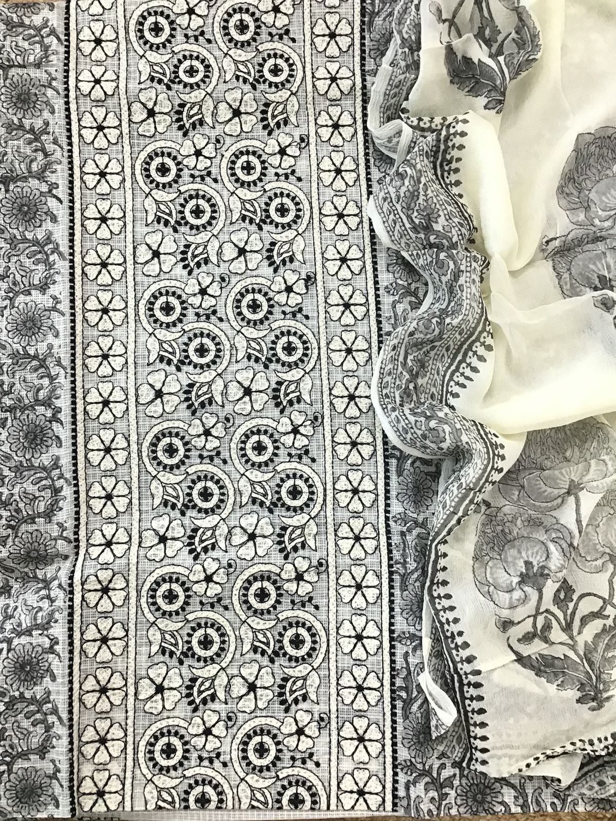 Pure Kota Cotton Printed Embroidered Suit - Off White