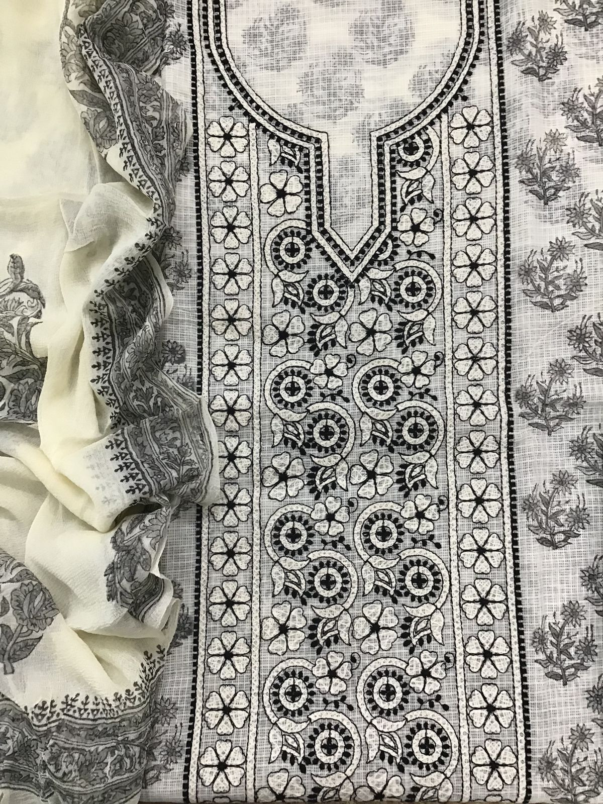 Pure Kota Cotton Printed Embroidered Suit - Off White