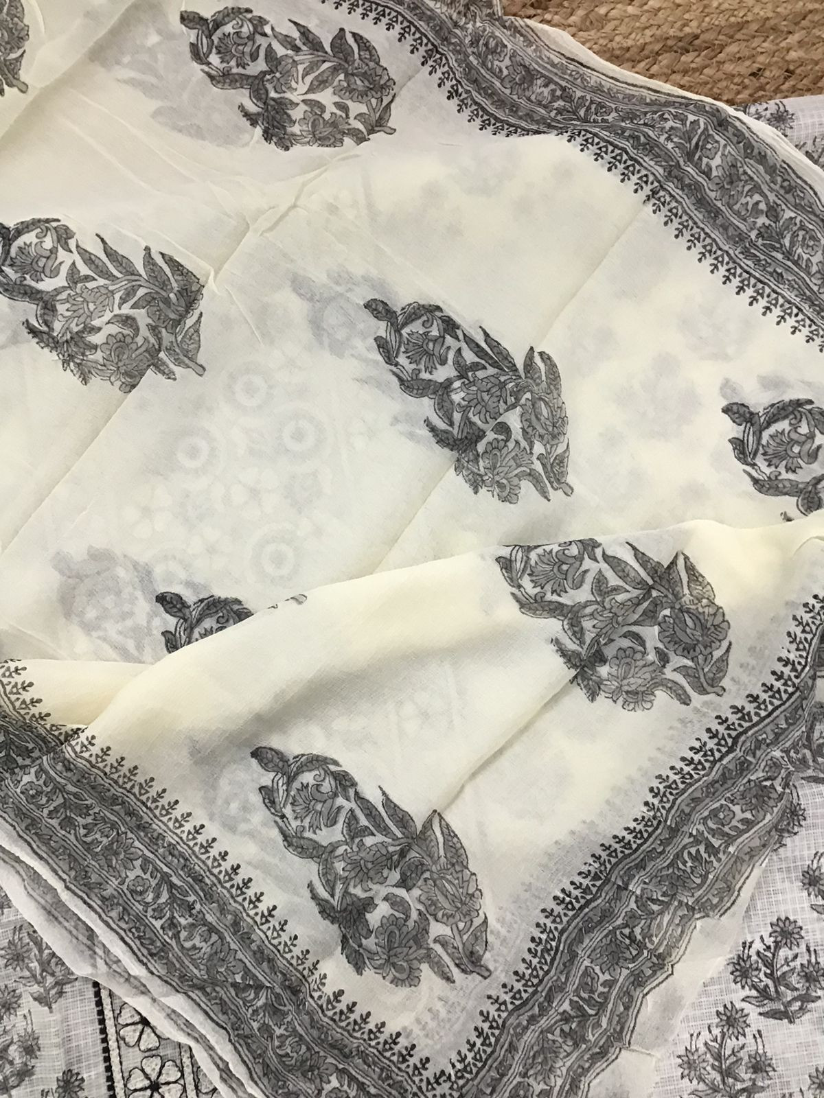 Pure Kota Cotton Printed Embroidered Suit - Off White