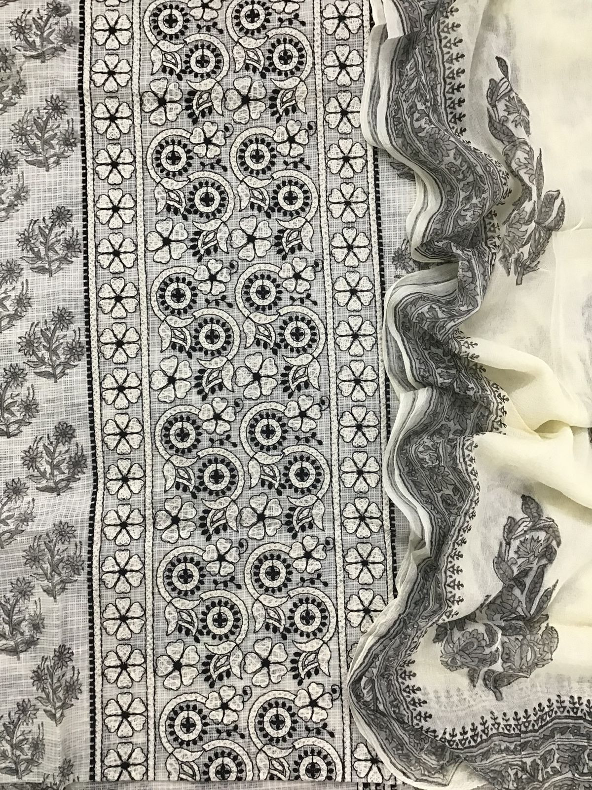 Pure Kota Cotton Printed Embroidered Suit - Off White