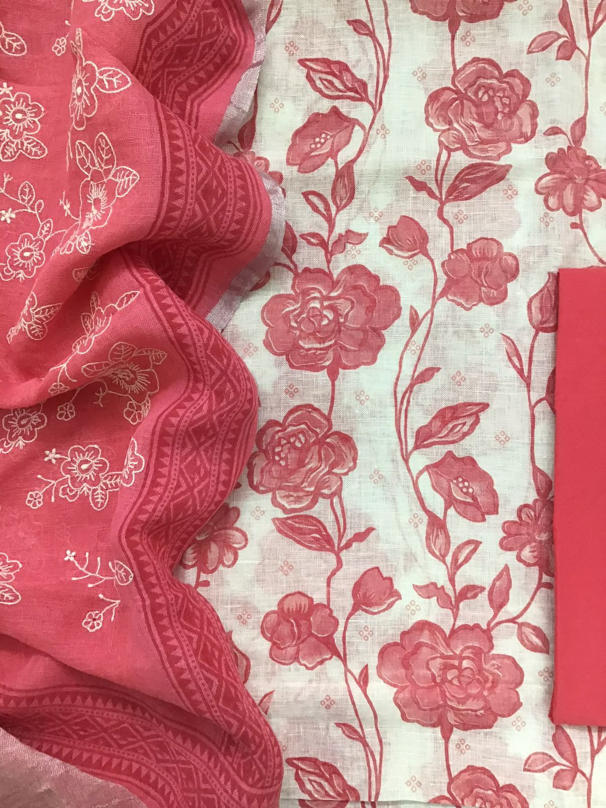 Pure Linen Cotton Printed Embroidered Suit - Off White