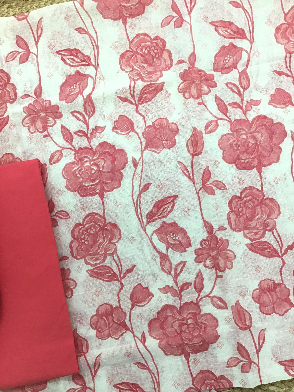 Pure Linen Cotton Printed Embroidered Suit - Off White