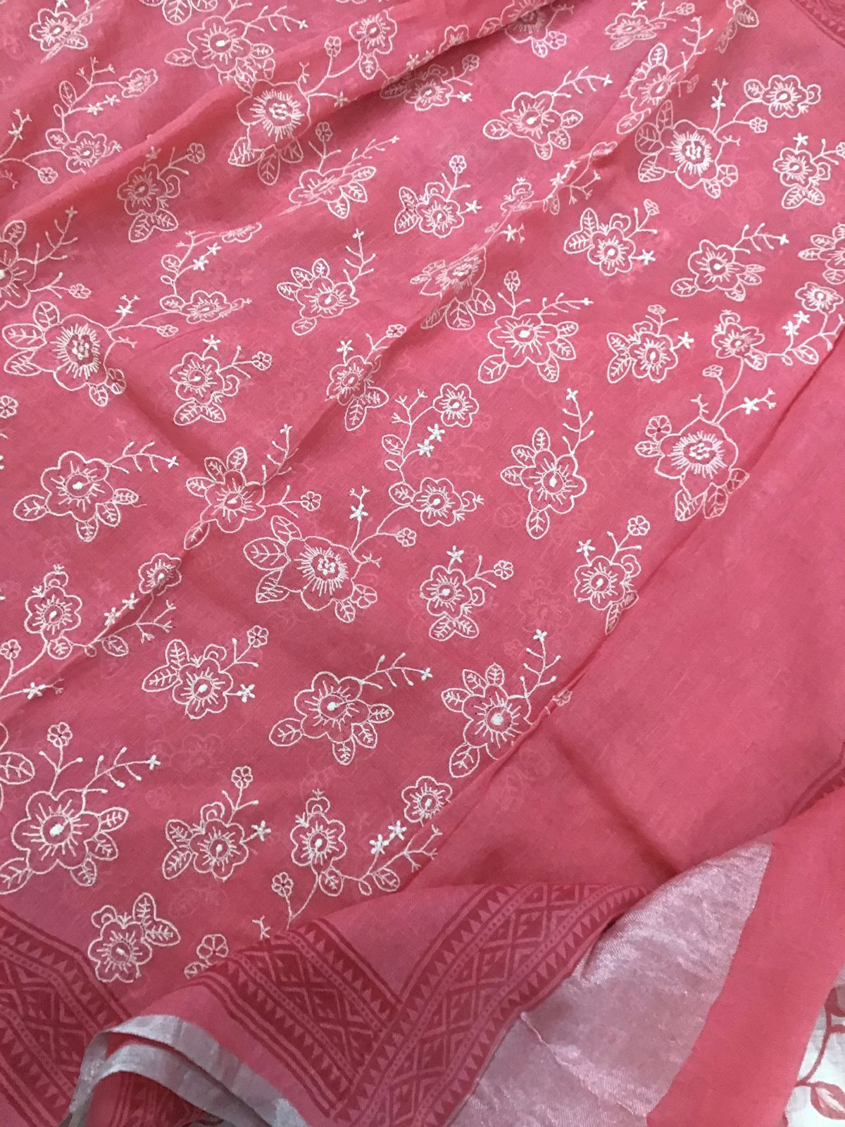 Pure Linen Cotton Printed Embroidered Suit - Off White