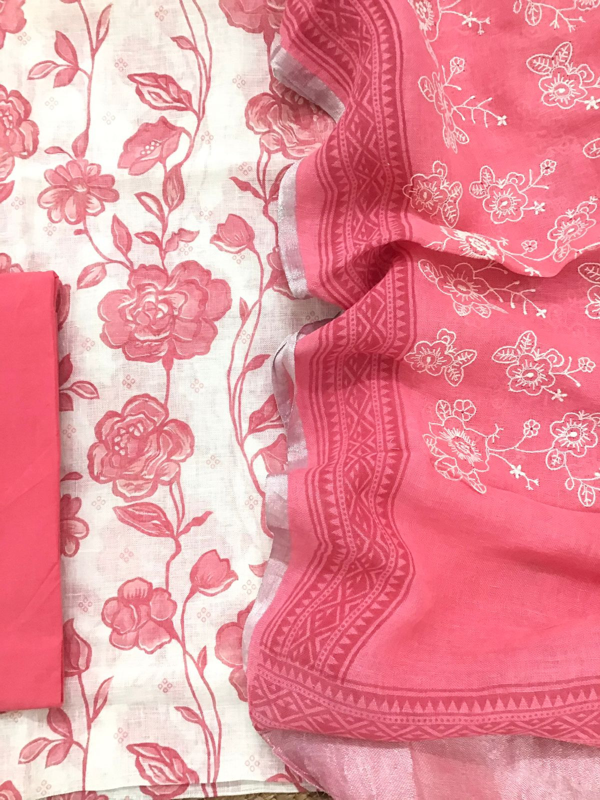 Pure Linen Cotton Printed Embroidered Suit - Off White