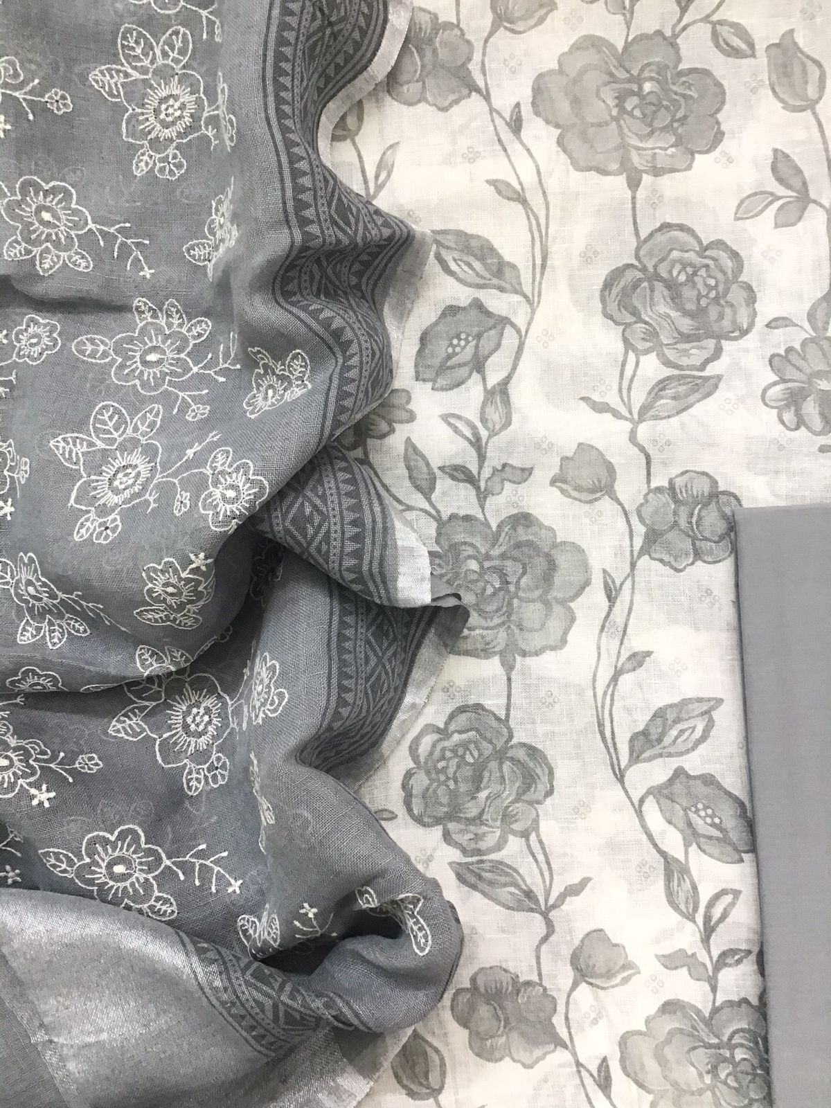 Pure Linen Cotton Printed Embroidered Suit - Off White