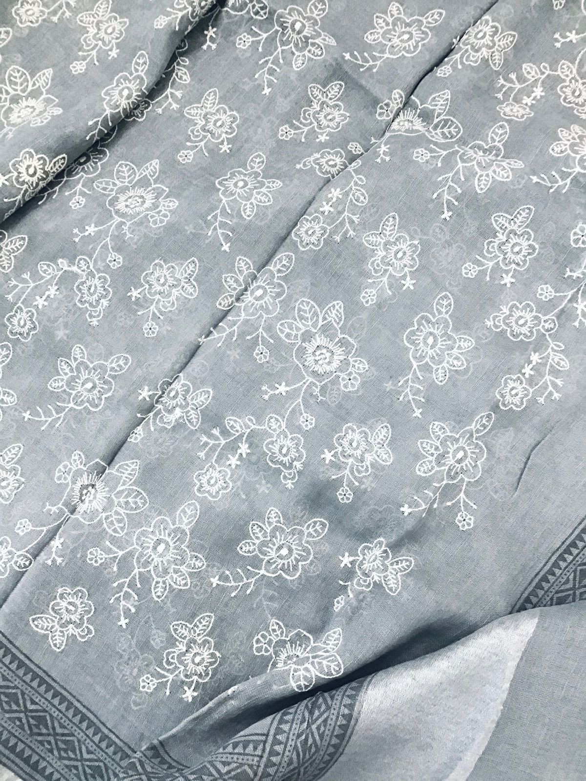 Pure Linen Cotton Printed Embroidered Suit - Off White