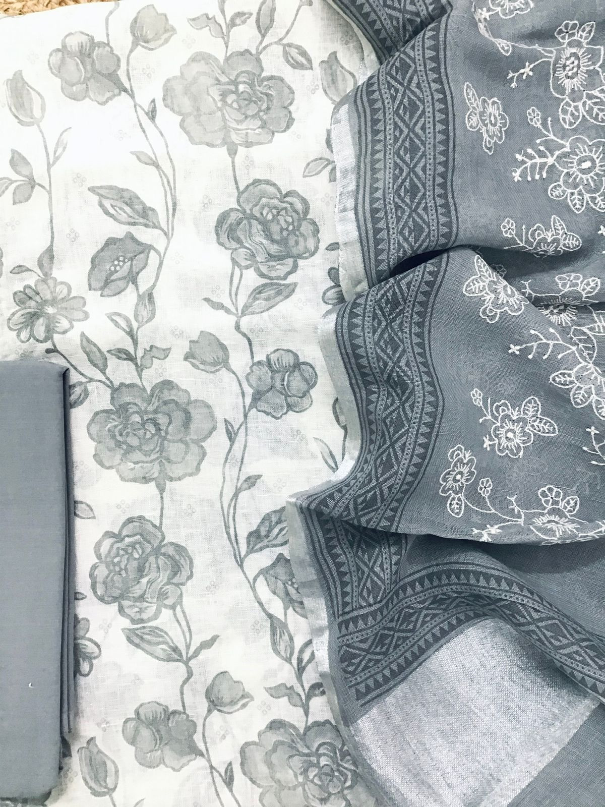 Pure Linen Cotton Printed Embroidered Suit - Off White