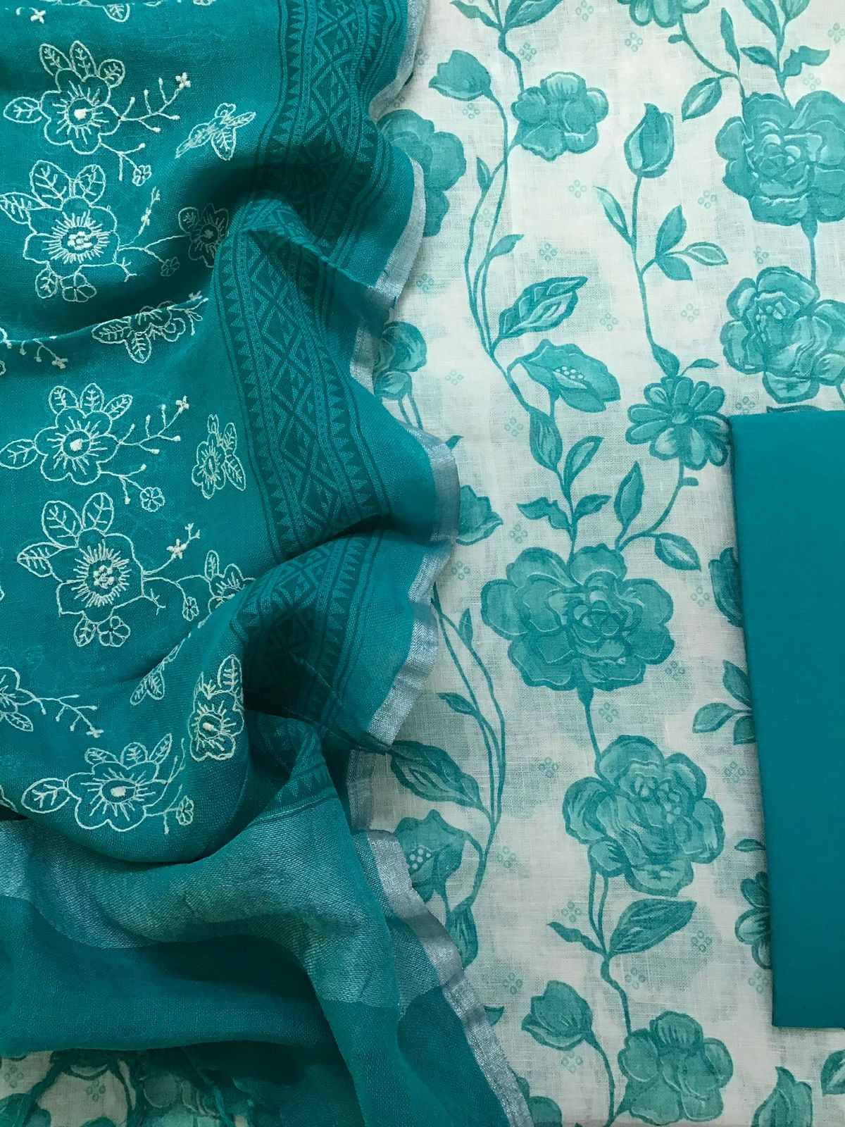 Pure Linen Cotton Printed Embroidered Suit - Off White