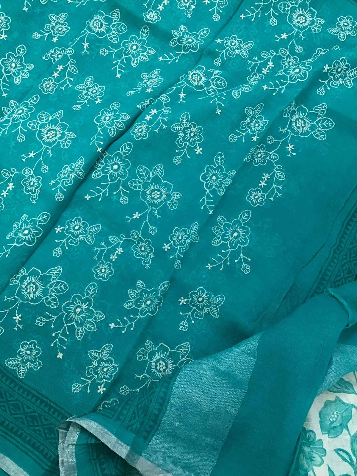 Pure Linen Cotton Printed Embroidered Suit - Off White