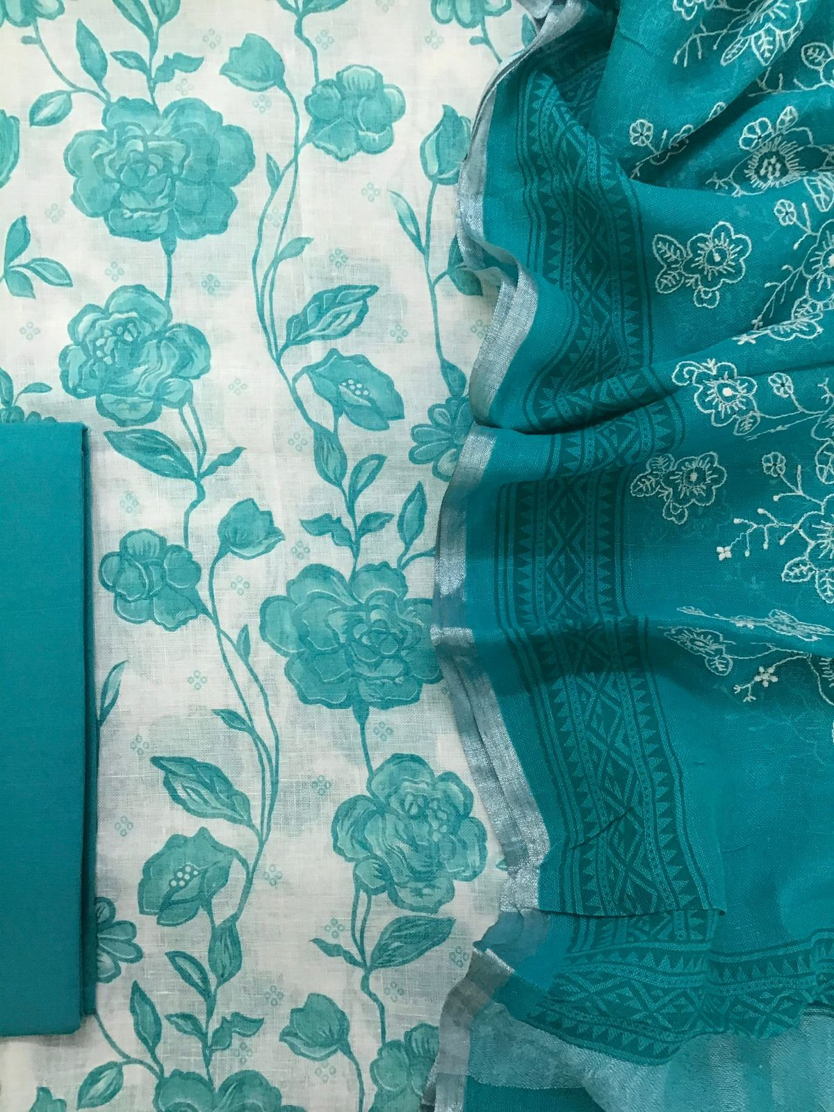 Pure Linen Cotton Printed Embroidered Suit - Off White