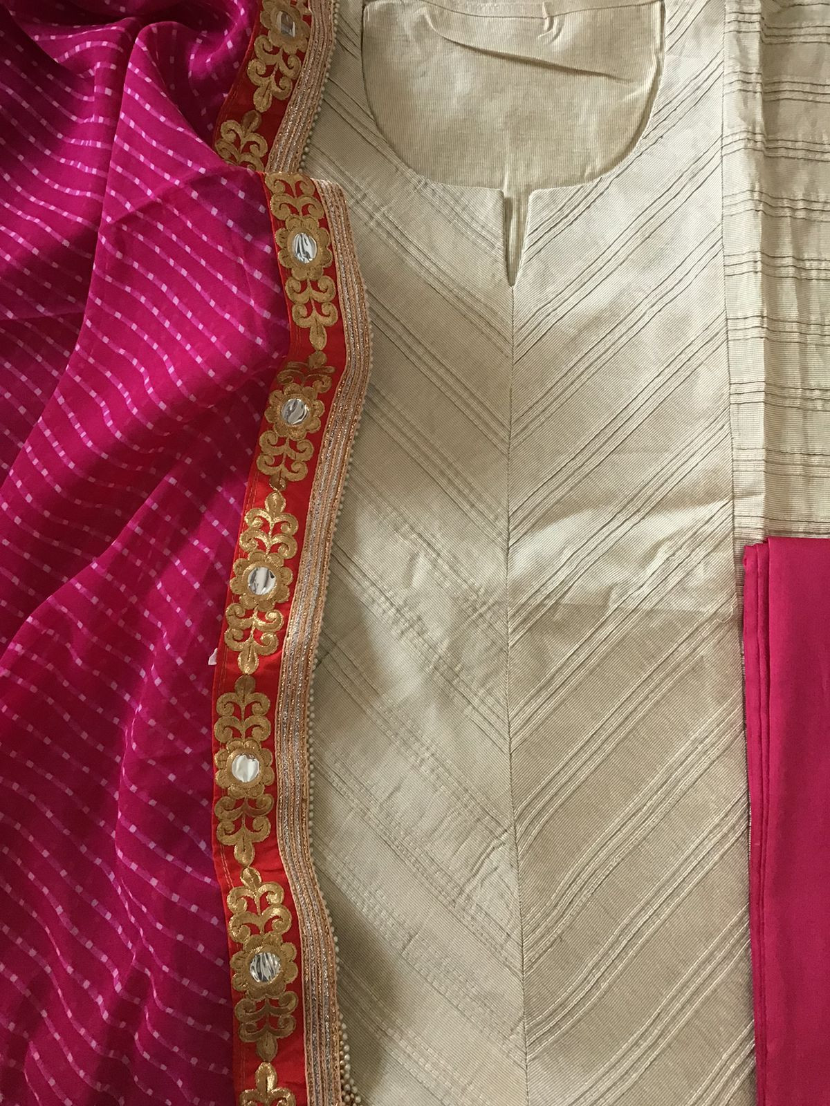 Pure Cotton Silk Printed Embroidered Suit - Beige