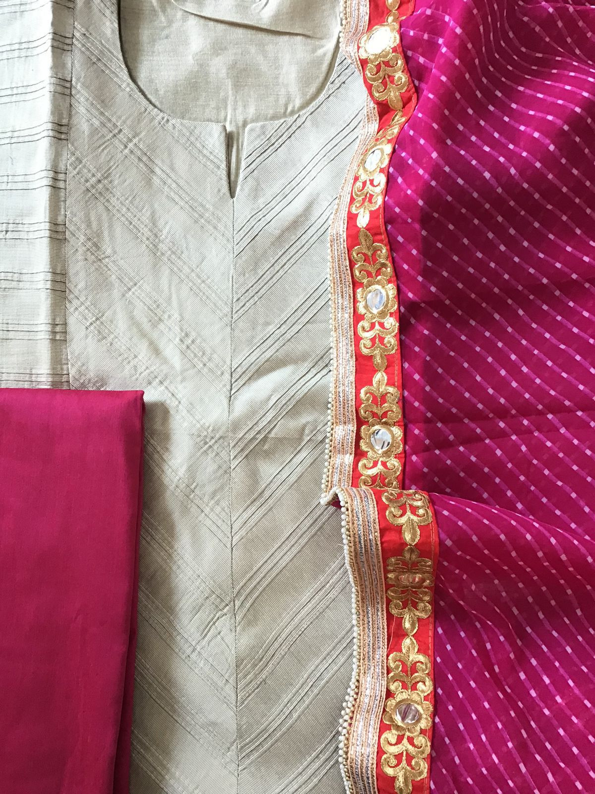 Pure Cotton Silk Printed Embroidered Suit - Beige