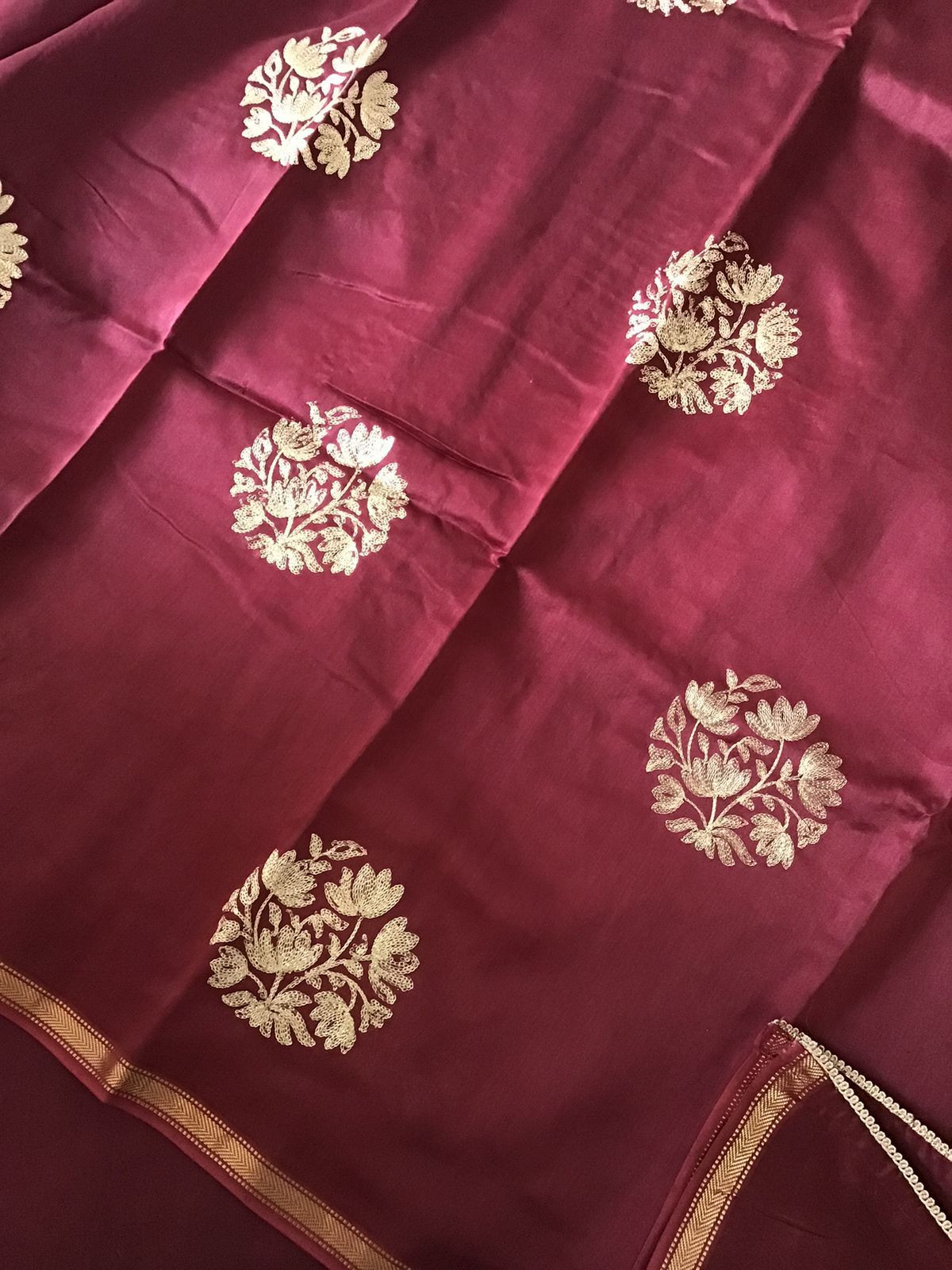 Pure Maheshwari Silk Printed Embroidered Suit - Maroon