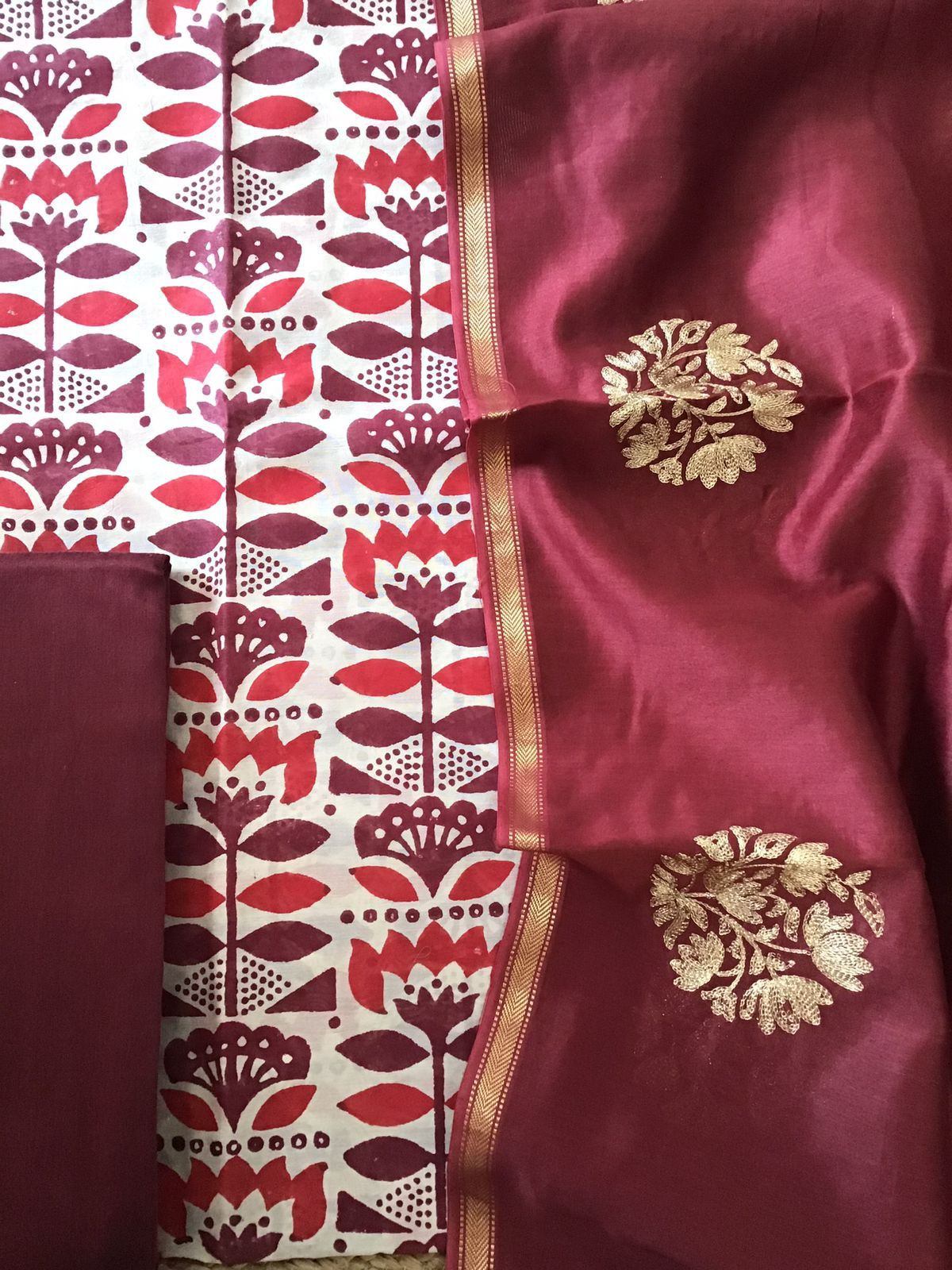 Pure Maheshwari Silk Printed Embroidered Suit - Maroon
