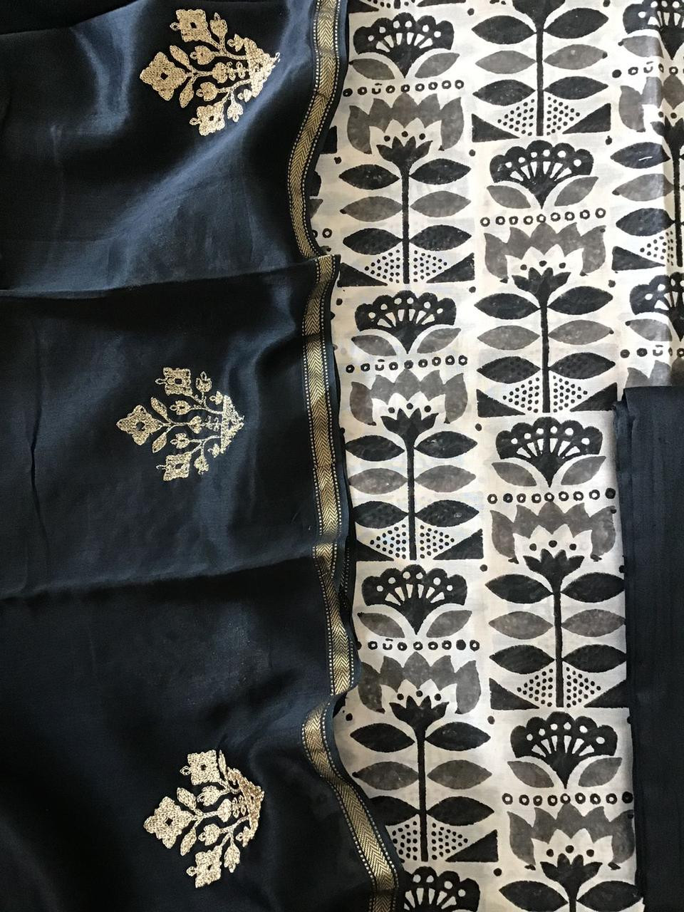 Pure Maheshwari Silk Printed Embroidered Suit - Black