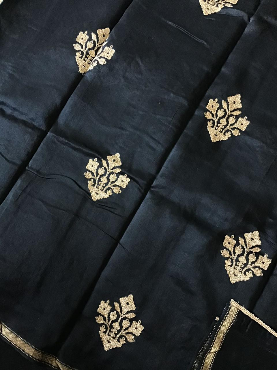 Pure Maheshwari Silk Printed Embroidered Suit - Black