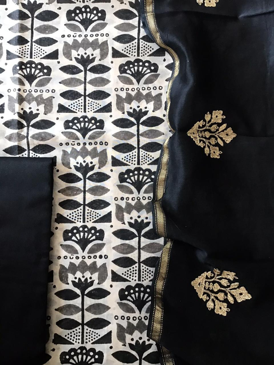 Pure Maheshwari Silk Printed Embroidered Suit - Black