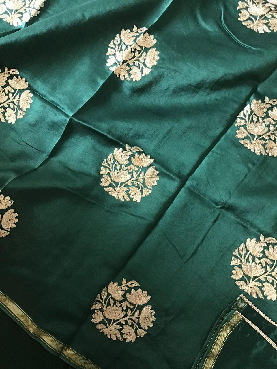 Pure Maheshwari Silk Printed Embroidered Suit - Green