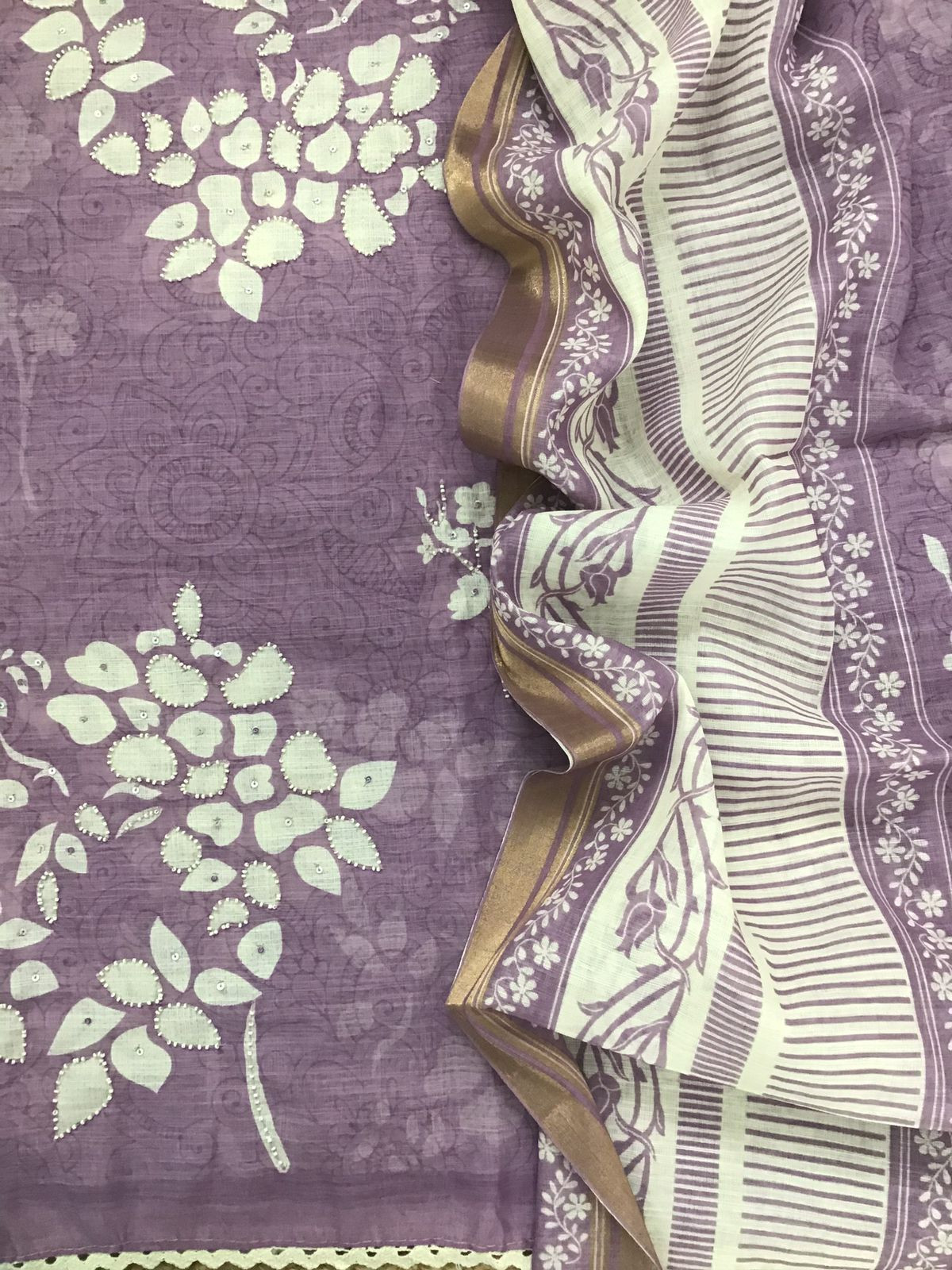 Soft Linen Jute Cotton Printed Embroidered Suit - Purple