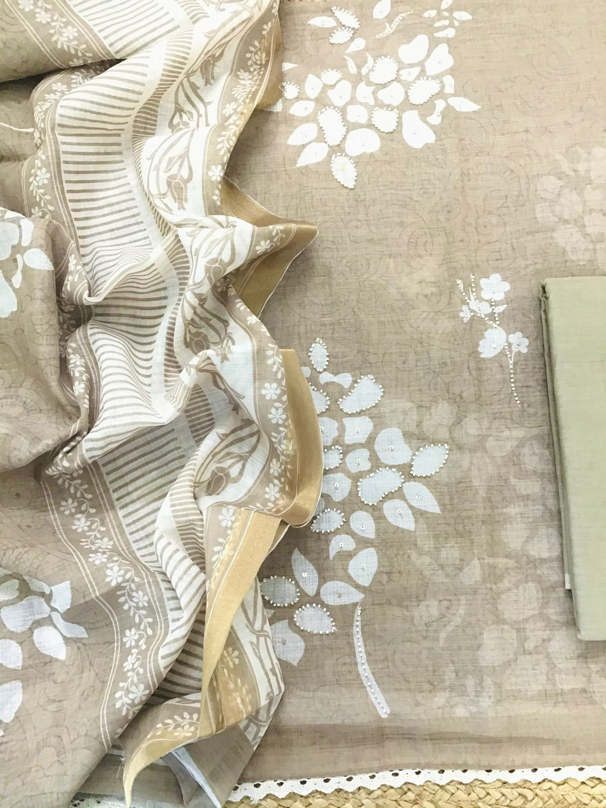 Soft Linen Jute Cotton Printed Embroidered Suit - Beige