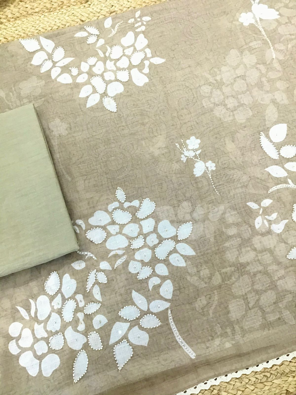 Soft Linen Jute Cotton Printed Embroidered Suit - Beige