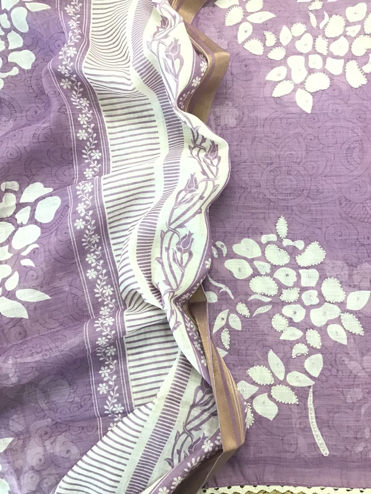 Soft Linen Jute Cotton Printed Embroidered Suit - Purple