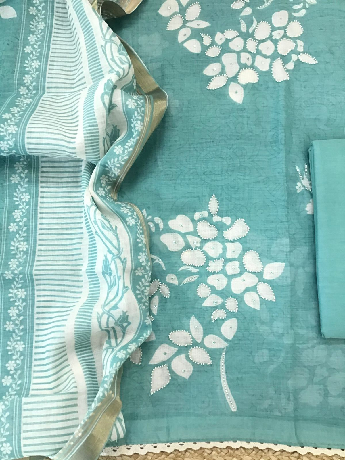 Soft Linen Jute Cotton Printed Embroidered Suit - Blue