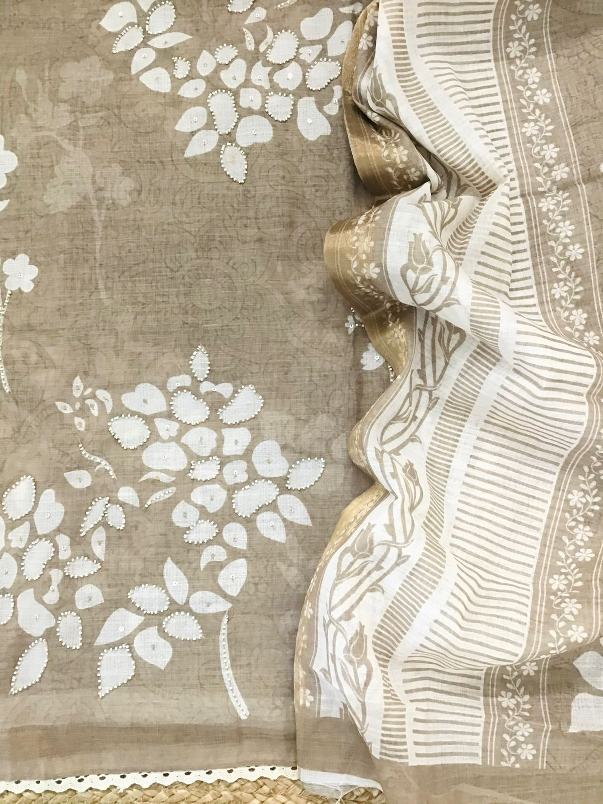 Soft Linen Jute Cotton Printed Embroidered Suit - Beige